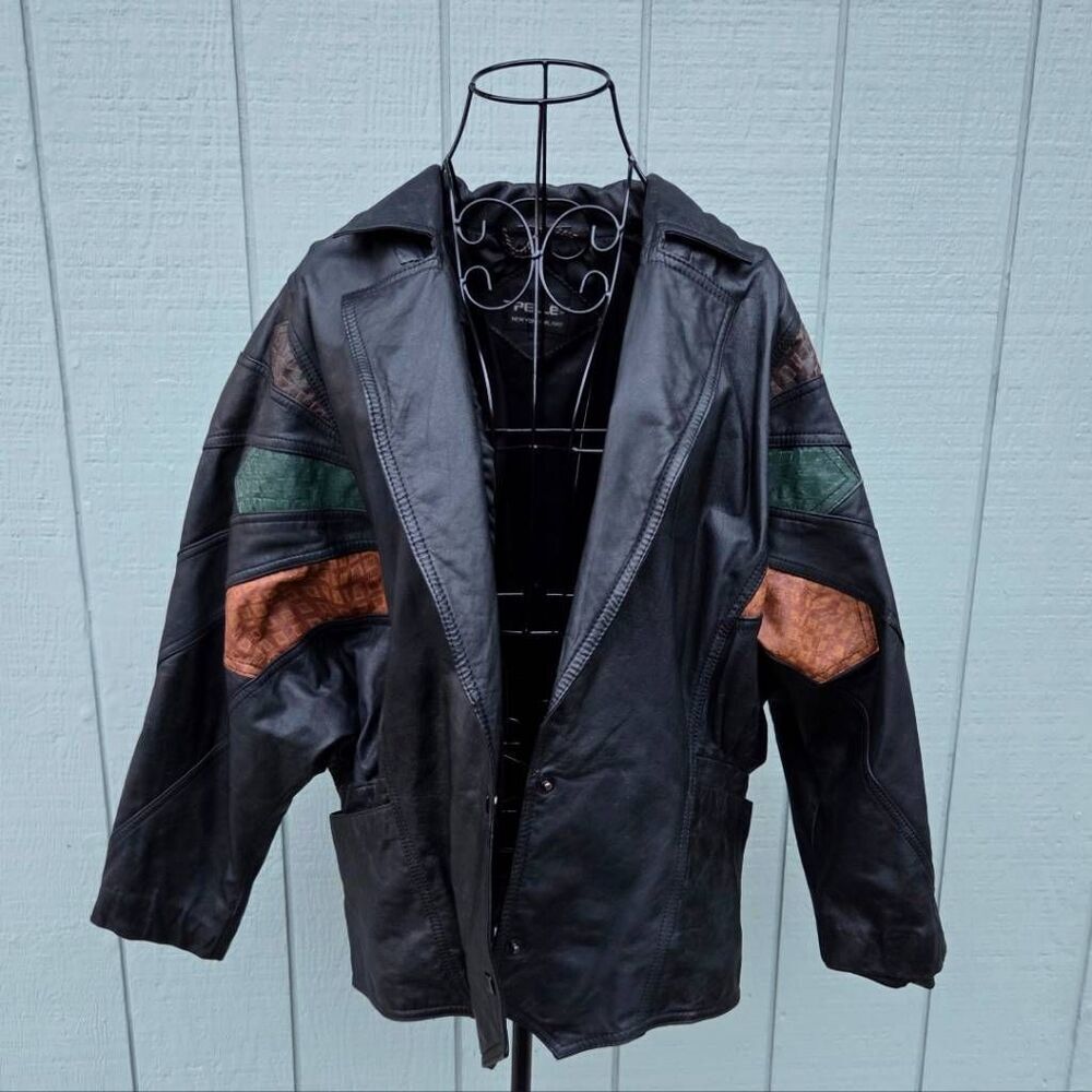 80s-90s Pelle Mens Vintage Premium Leather Jacket w/ Colorful Accents. Large